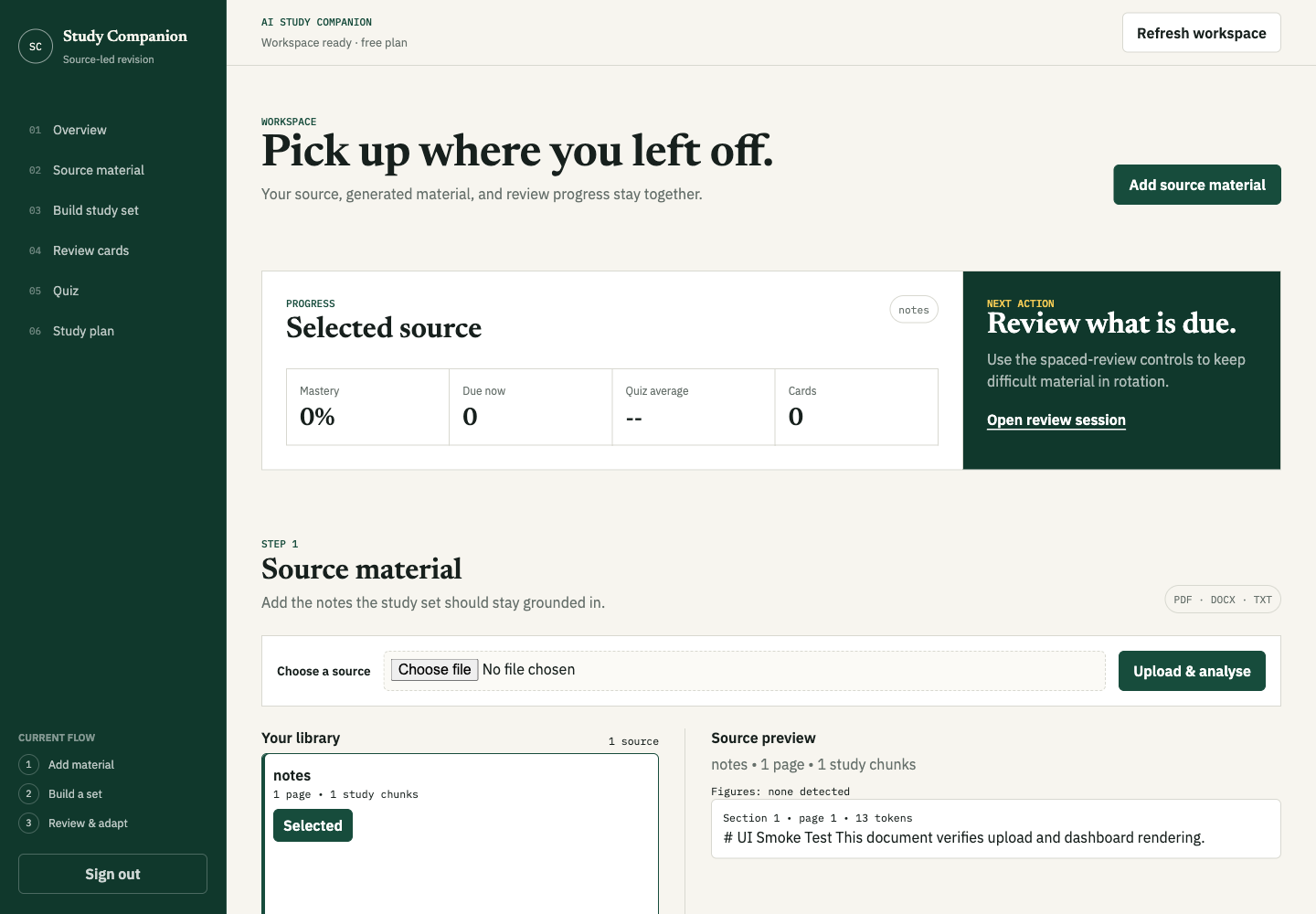 AI Study Companion source-led study workspace