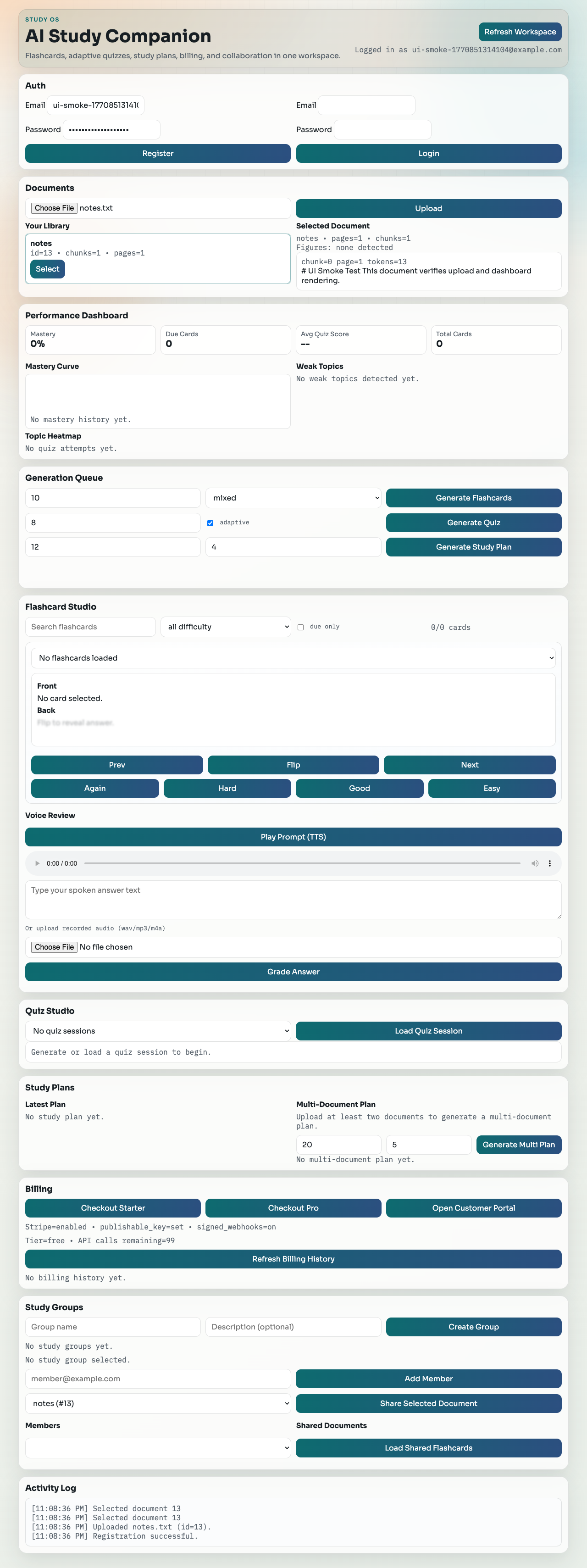 AI Study Companion product workspace screenshot