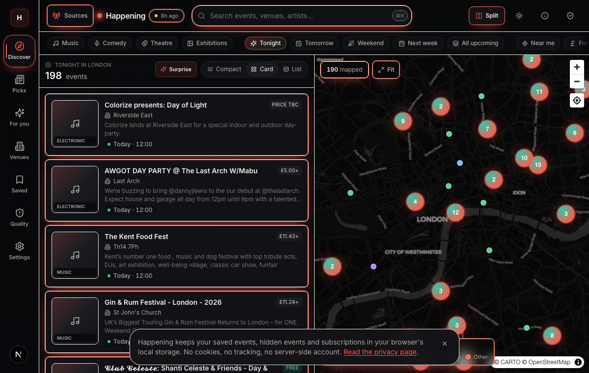 Happening web app screenshot