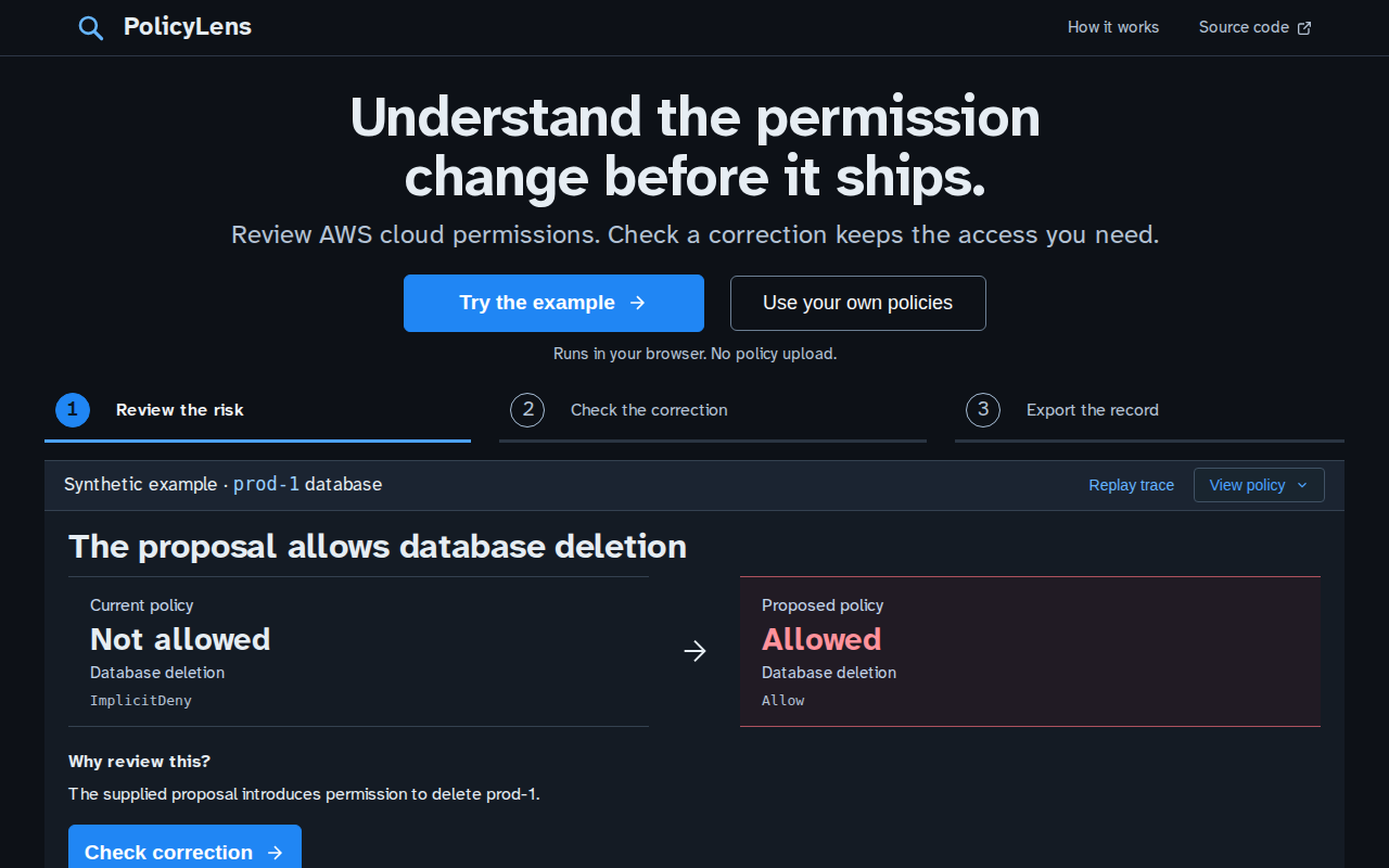 PolicyLens first screen: a made-up change that newly allows deleting a database, with the policy line responsible