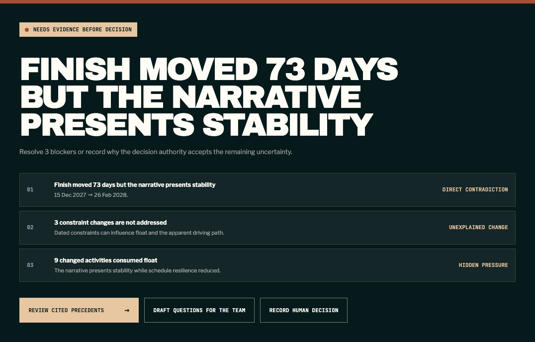 Actual ProjectLens review: the synthetic Northstar example needs evidence before a decision
